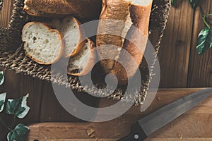 Wooden table and Cutting board and bread